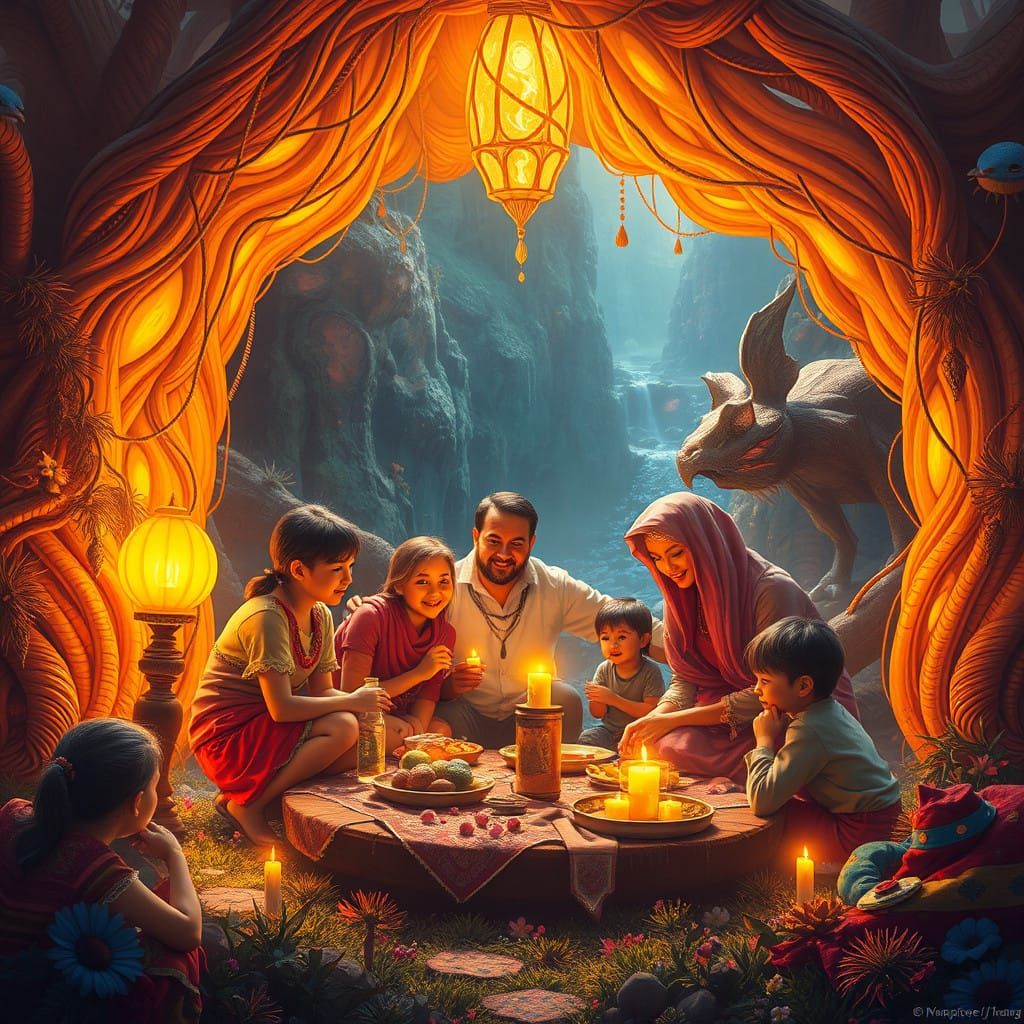 Whimsical Family Gathering in a Dreamlike Landscape