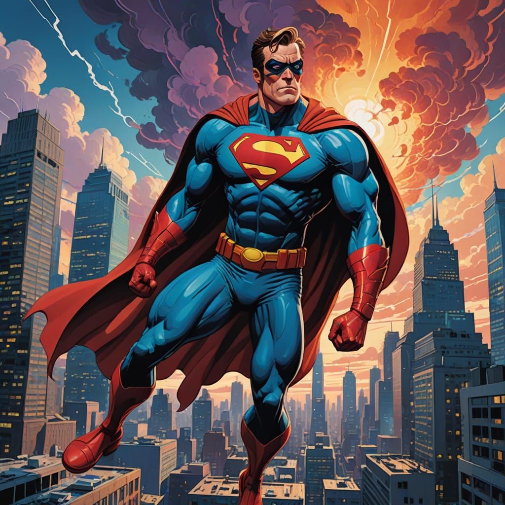 Dynamic Superhero Soars Through Action-Packed Cityscape in a...