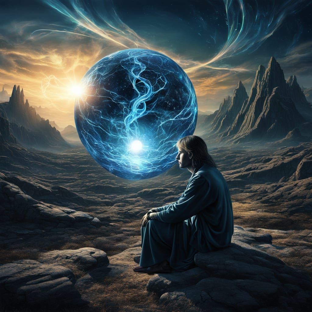 Ethereal Being Contemplates Fractured Landscape