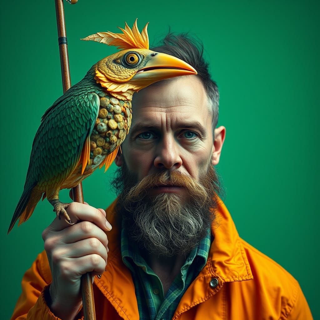 Distorted Portrait of Fisherman with Hybrid Creature