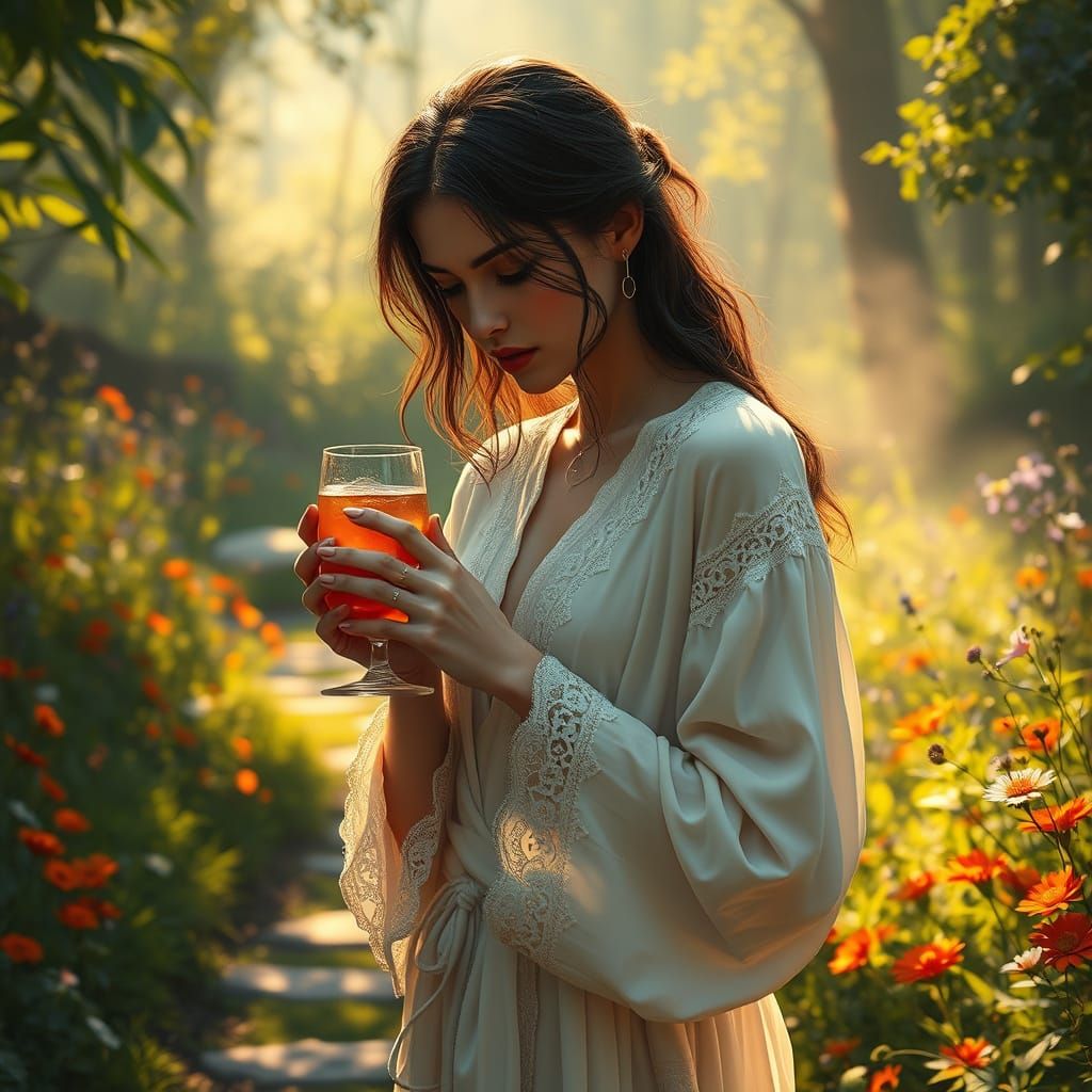 Ethereal Woman in a Flowing White Robe, Lost in Contemplativ...