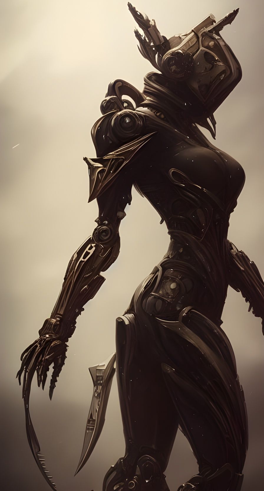Biomechanical Warrior in Stormy Battlefield: Digital Illustr...