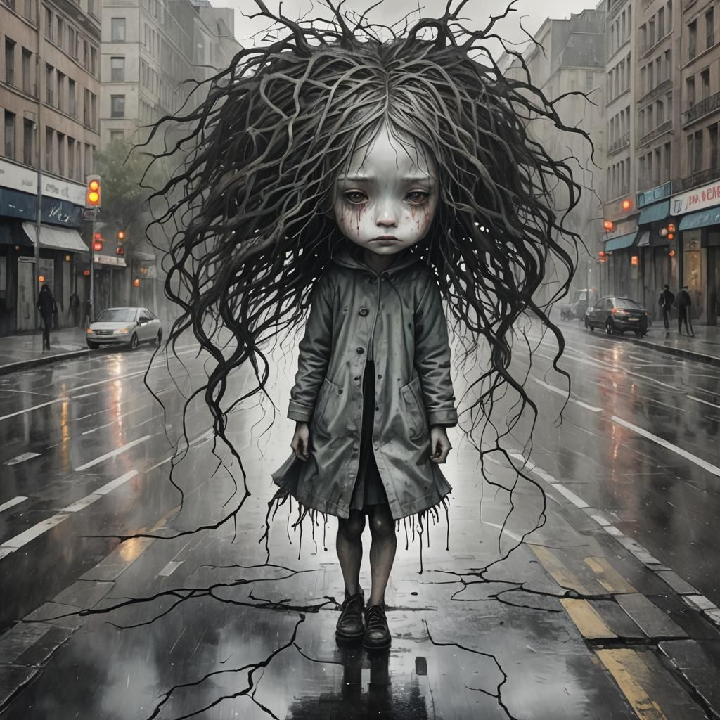 Root Woman Emerges in Stormy Cityscape