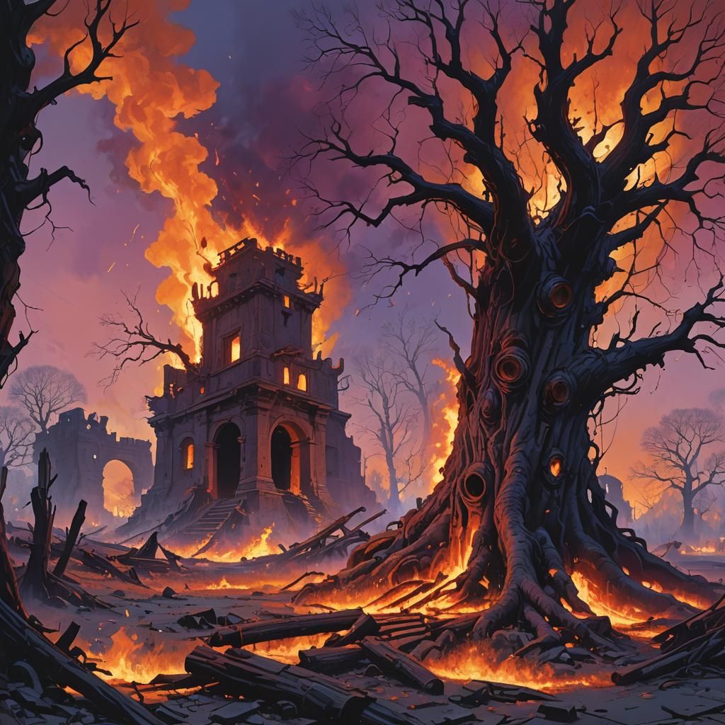 Inferno Engulfs Mystical Realm in Hyperrealistic Detail