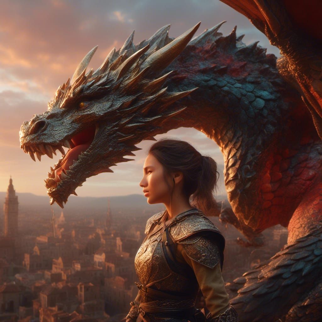 Dragon Warrior Woman: Hyperrealistic Splash Art