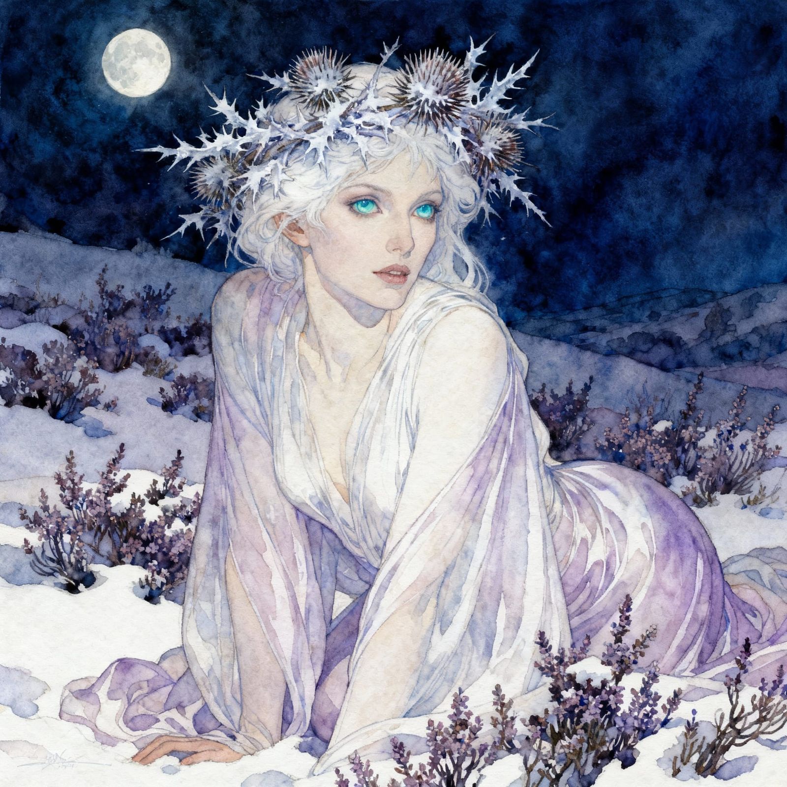 Moon Spirit in Pastel Watercolor Fairytale Art