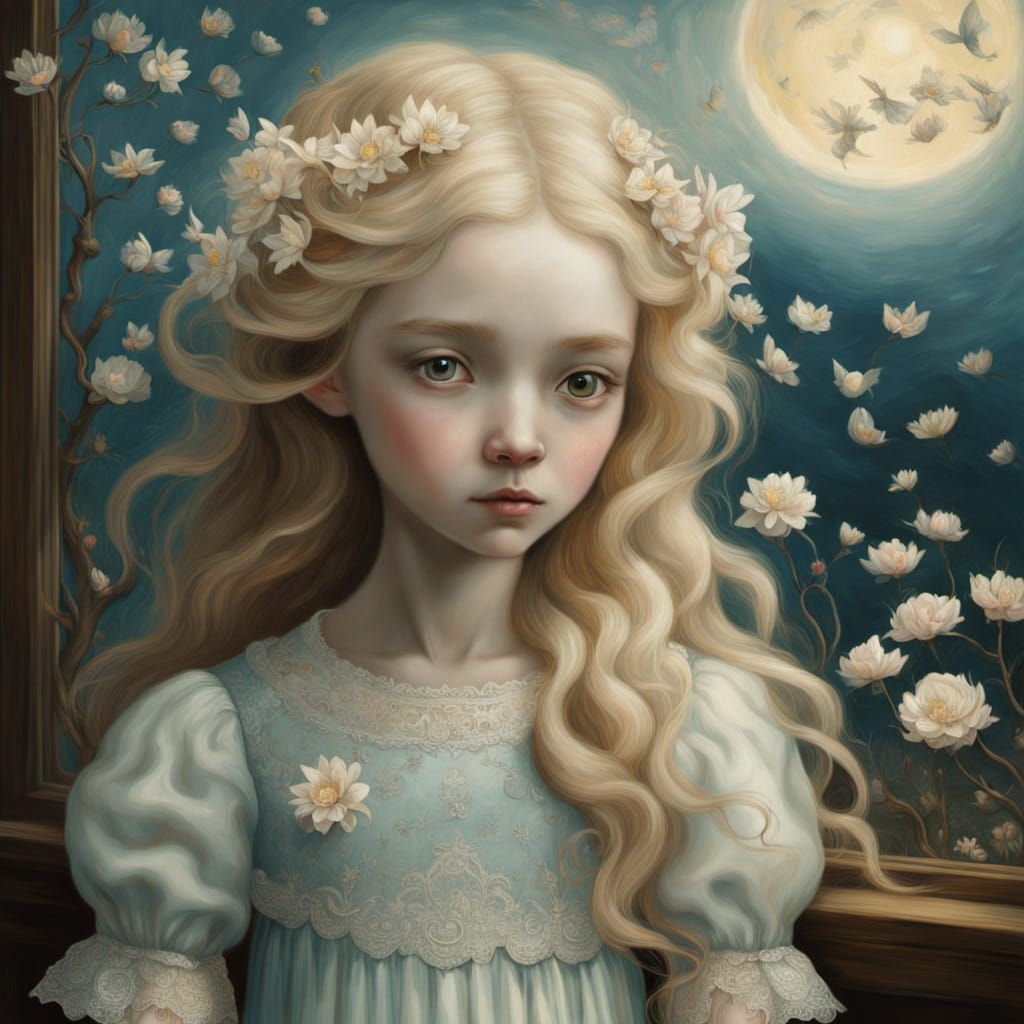 Ethereal Little Girl in White Lace Dress, Lost in Contemplat...