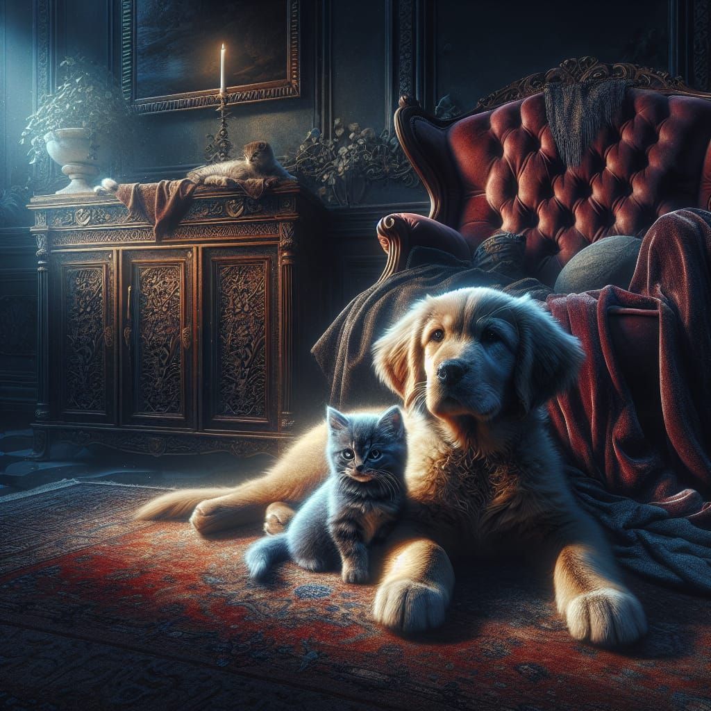 Puppy and Kitten in a Maximalist Digital Painting