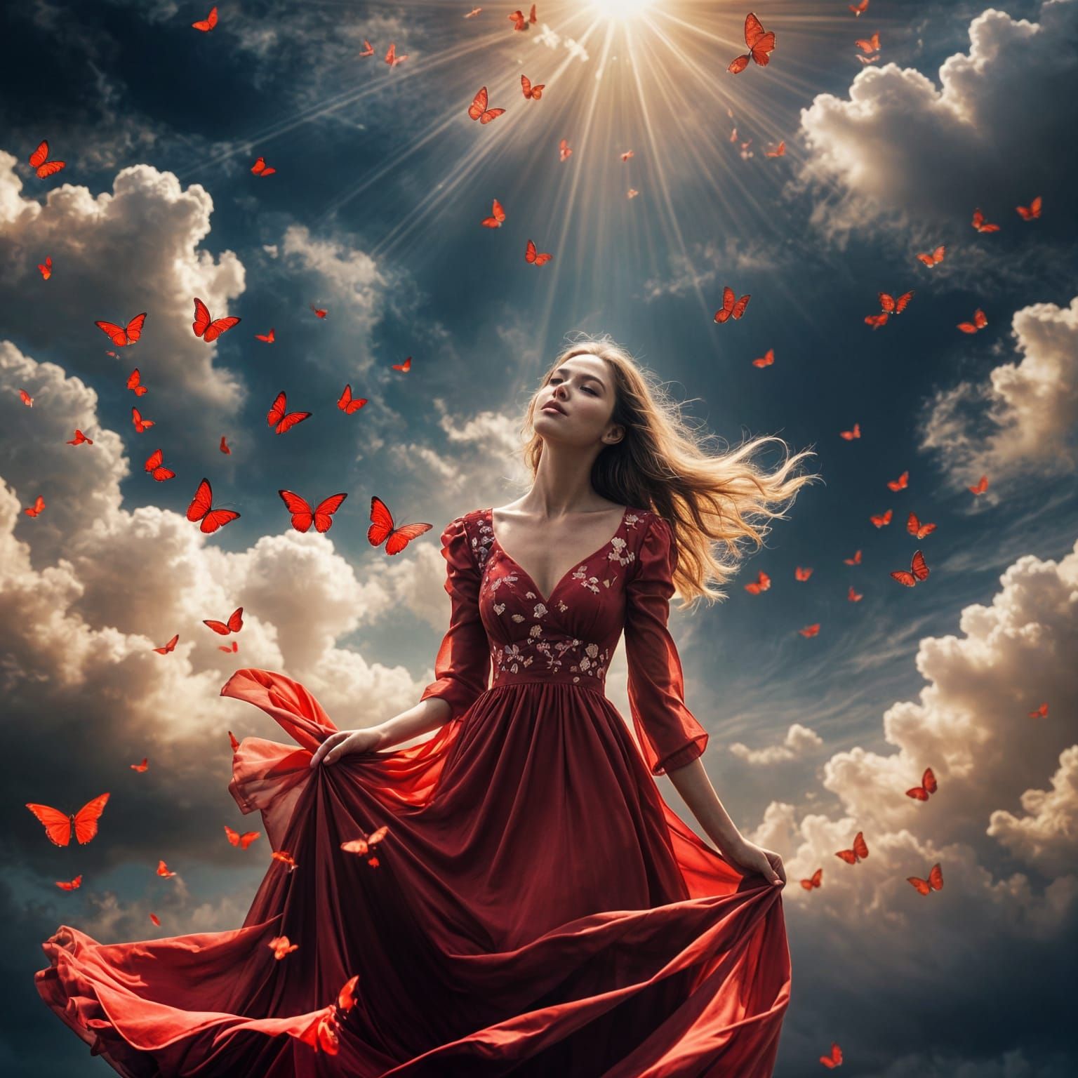 Beautiful Girl with Red Butterflies in Dark Sky