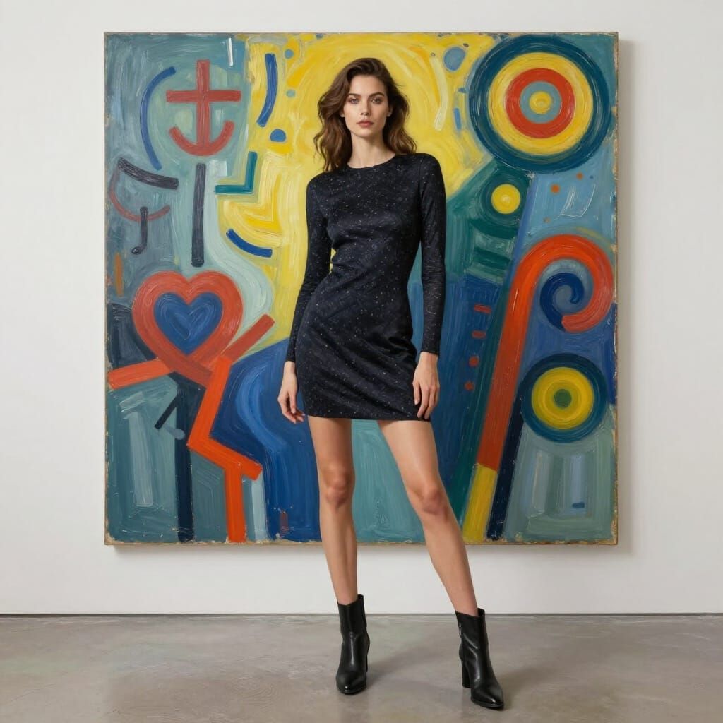 Woman Before Abstract Art in Textured Impasto Style