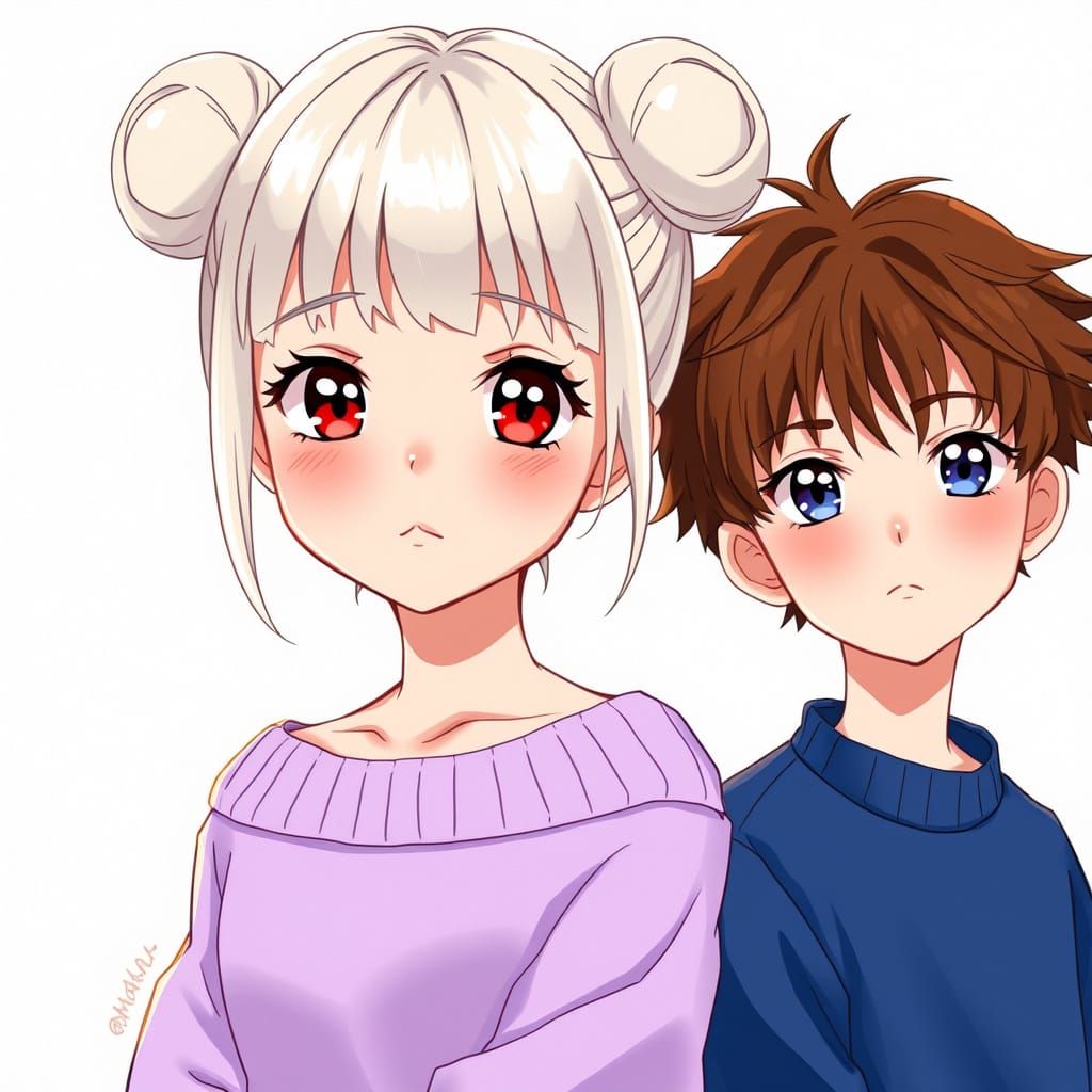 Girl with Twin Buns and Red Eyes, Surrounded by Mysterious B...