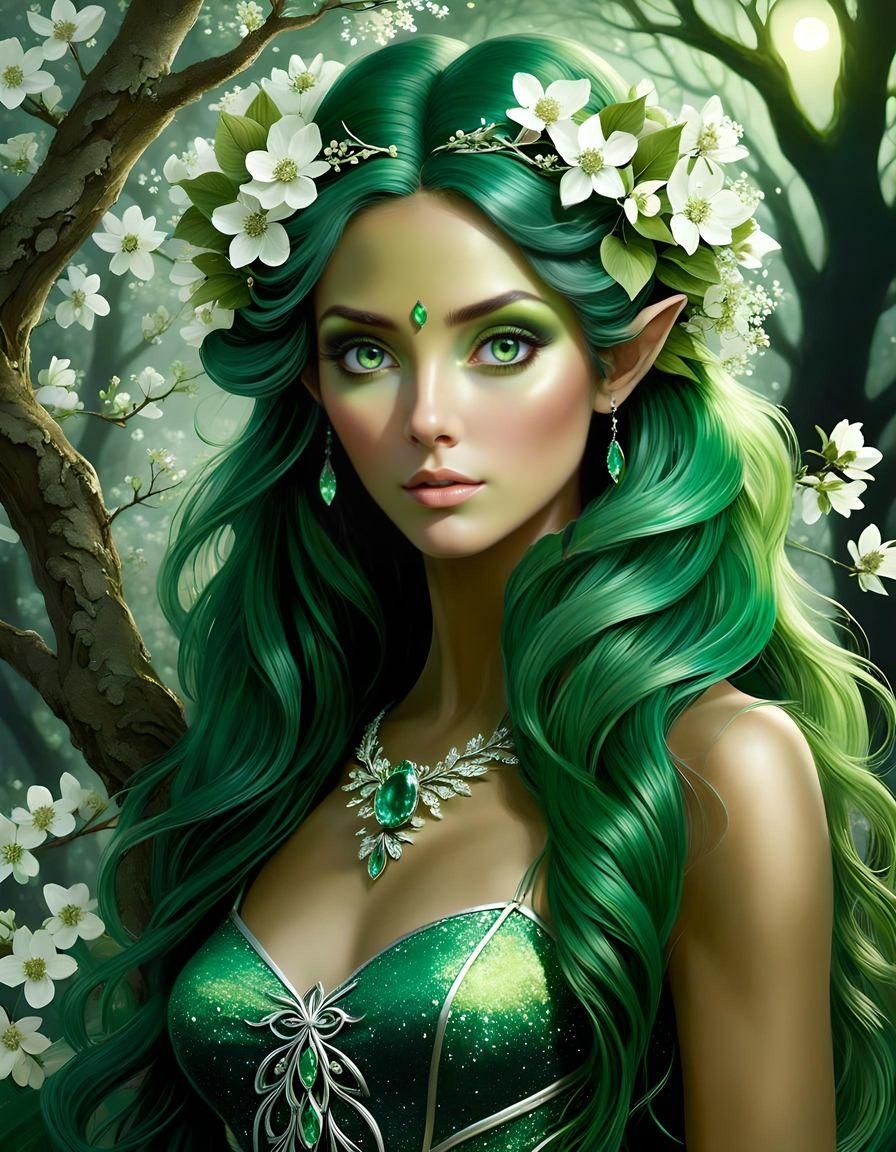 Enchanting Dryad in Dogwood Forest Painting