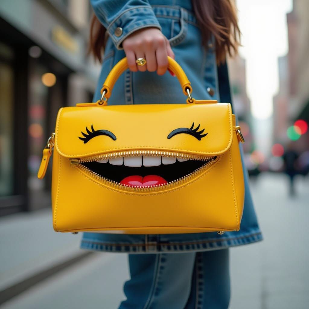 Cartoon Zipper Purse Carried by Teenager on City Street