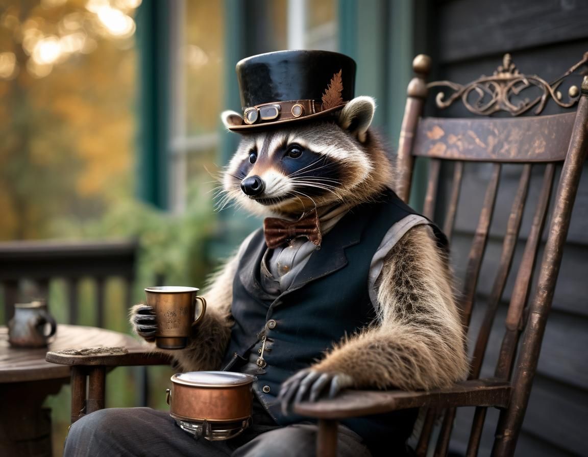 Steampunk Raccoon Sipping Coffee in Golden Light