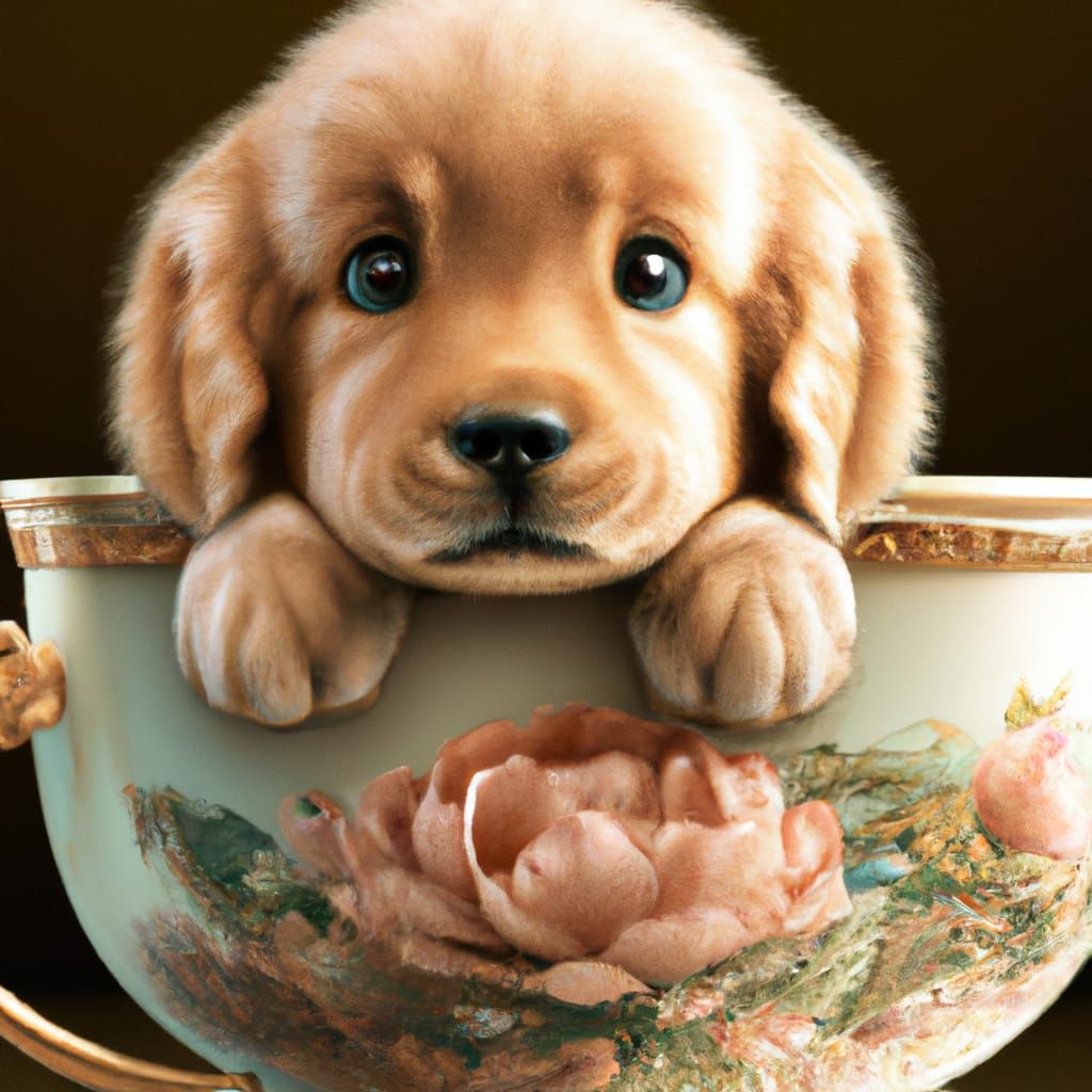 Golden Retriever Puppy in Teacup: Victorian Portrait