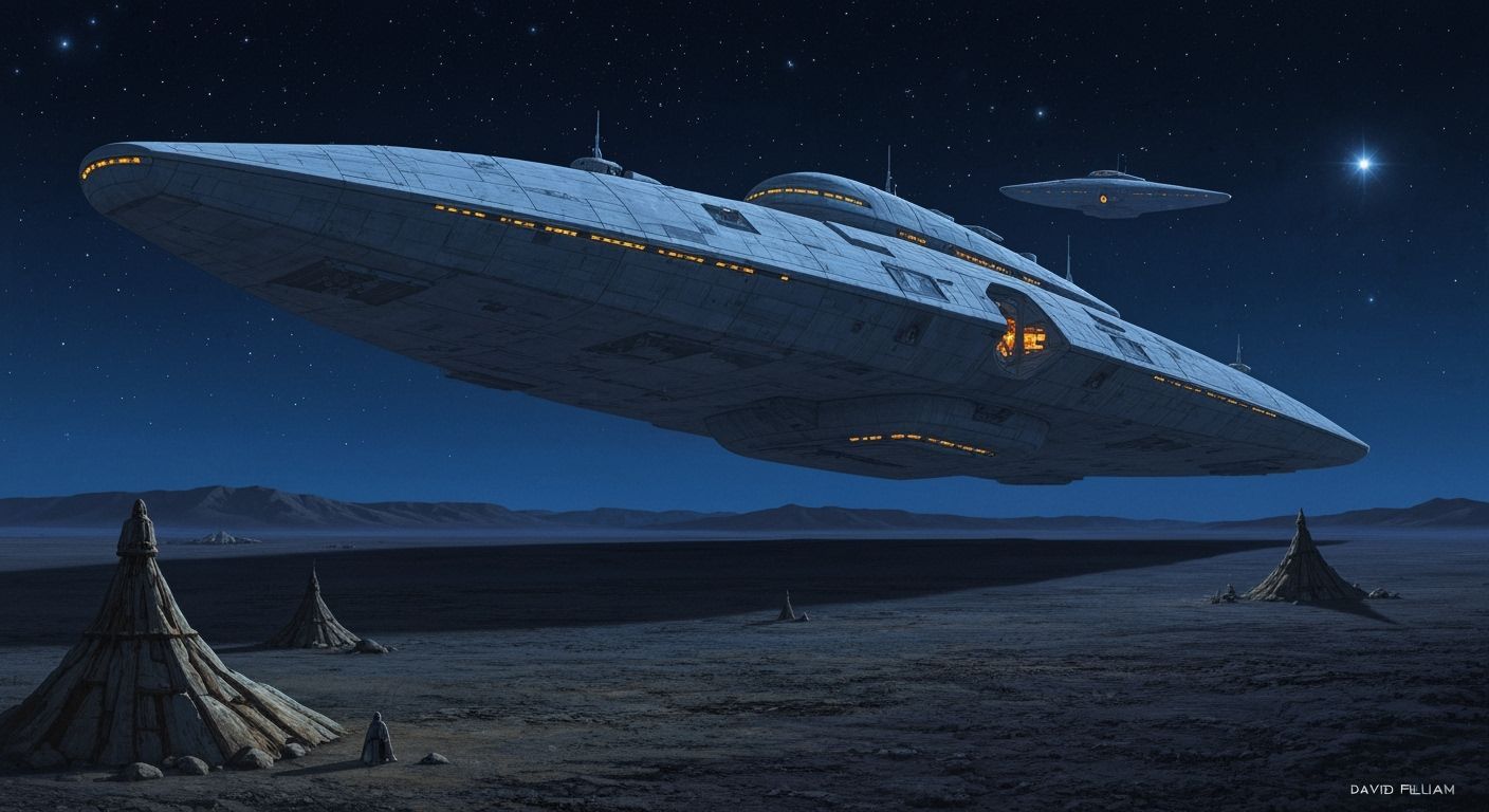 Starry Night on Tatooine with Interstellar Ship Arrival