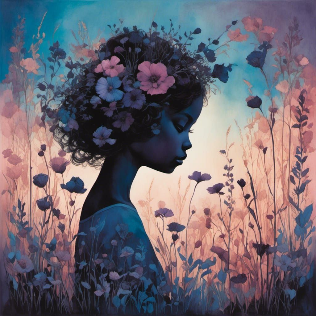 Surreal Double Exposure of Girl and Summer Meadow