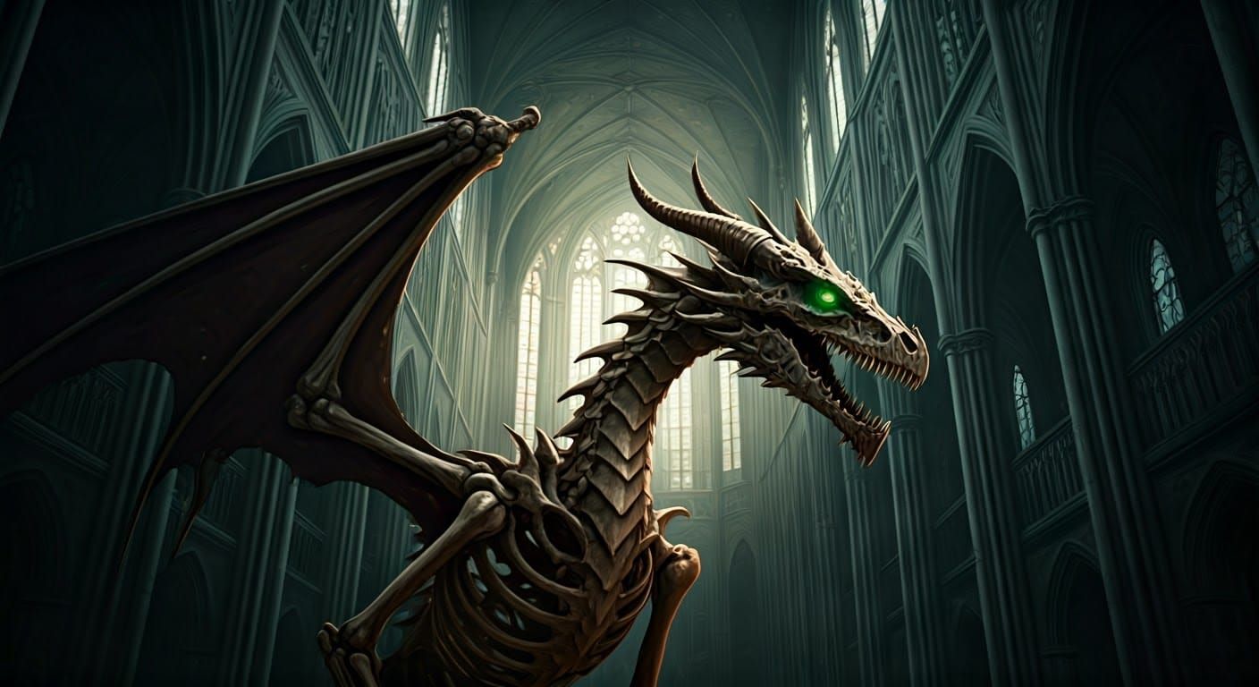 Skeletal Dragon in Gothic Cathedral: Dark Fantasy Art