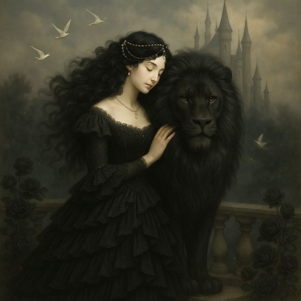 Enchanting Princess with Lion in Dreamy Castle Scene