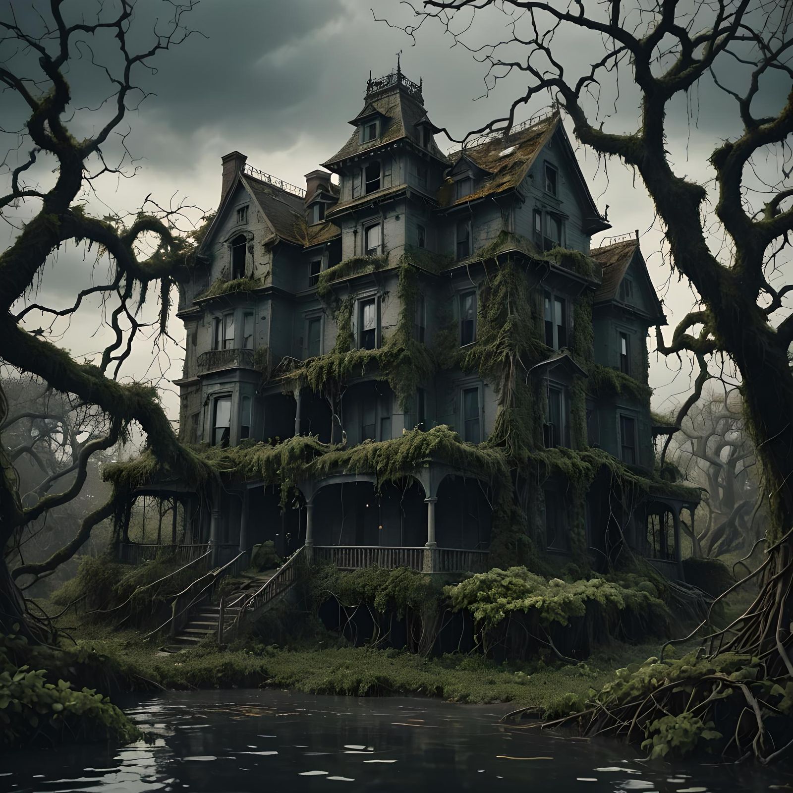 A multi-story rickety old house on a tiny island in the midd...