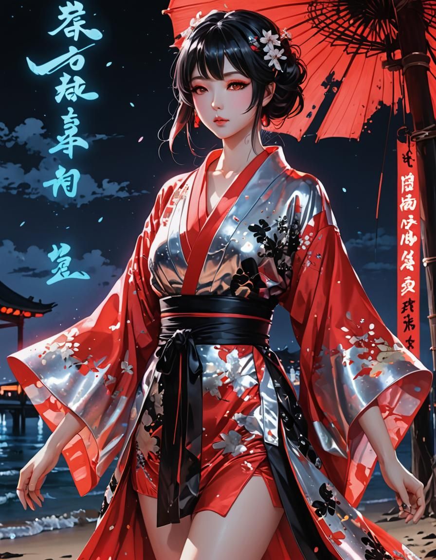 Beach Scene with Kimono in Holographic Watercolour