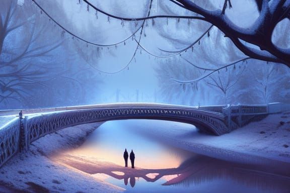 Frozen Ornate Bridge in Winter Landscape, Digital Art