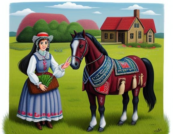 Two Girls With Dapple Horse In Naive Folk Art Style