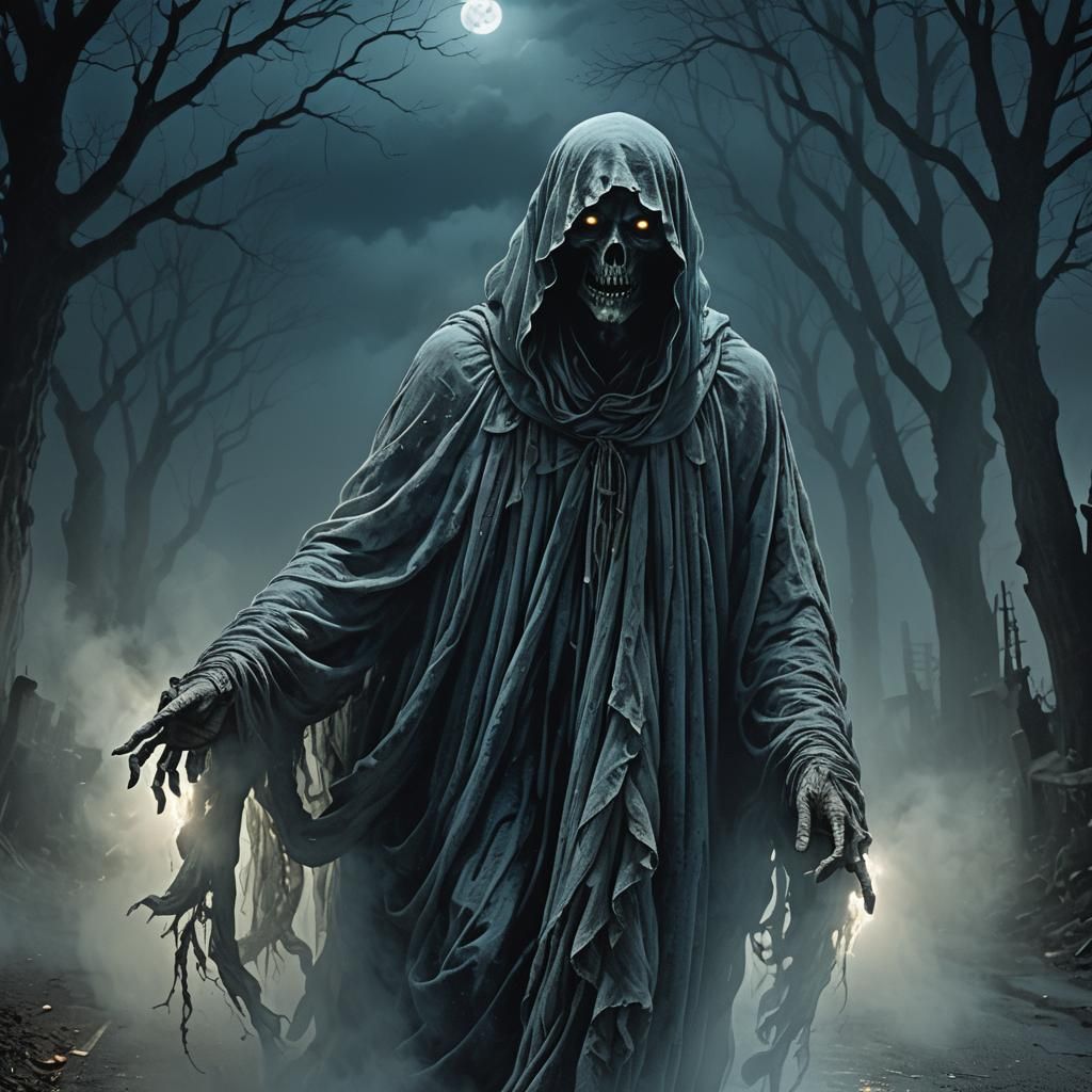 Eerie Ghost on Foggy Road in Surreal Style