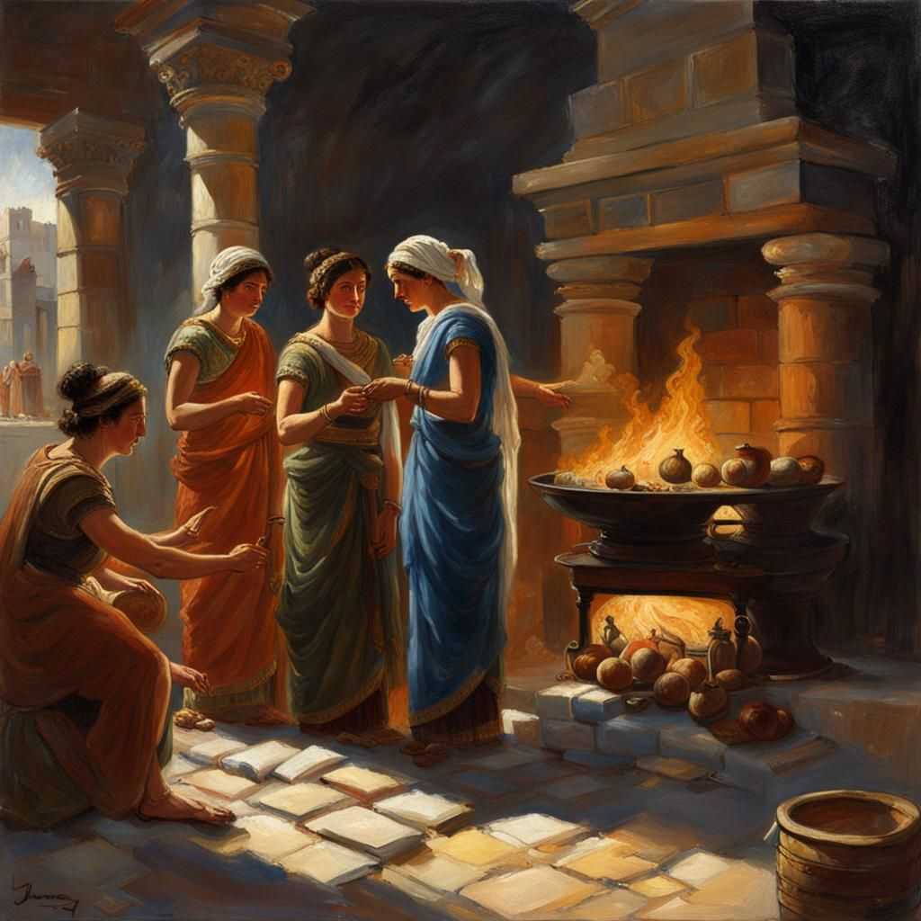 Roman Priestesses Tending a Hearth in Oil Painting