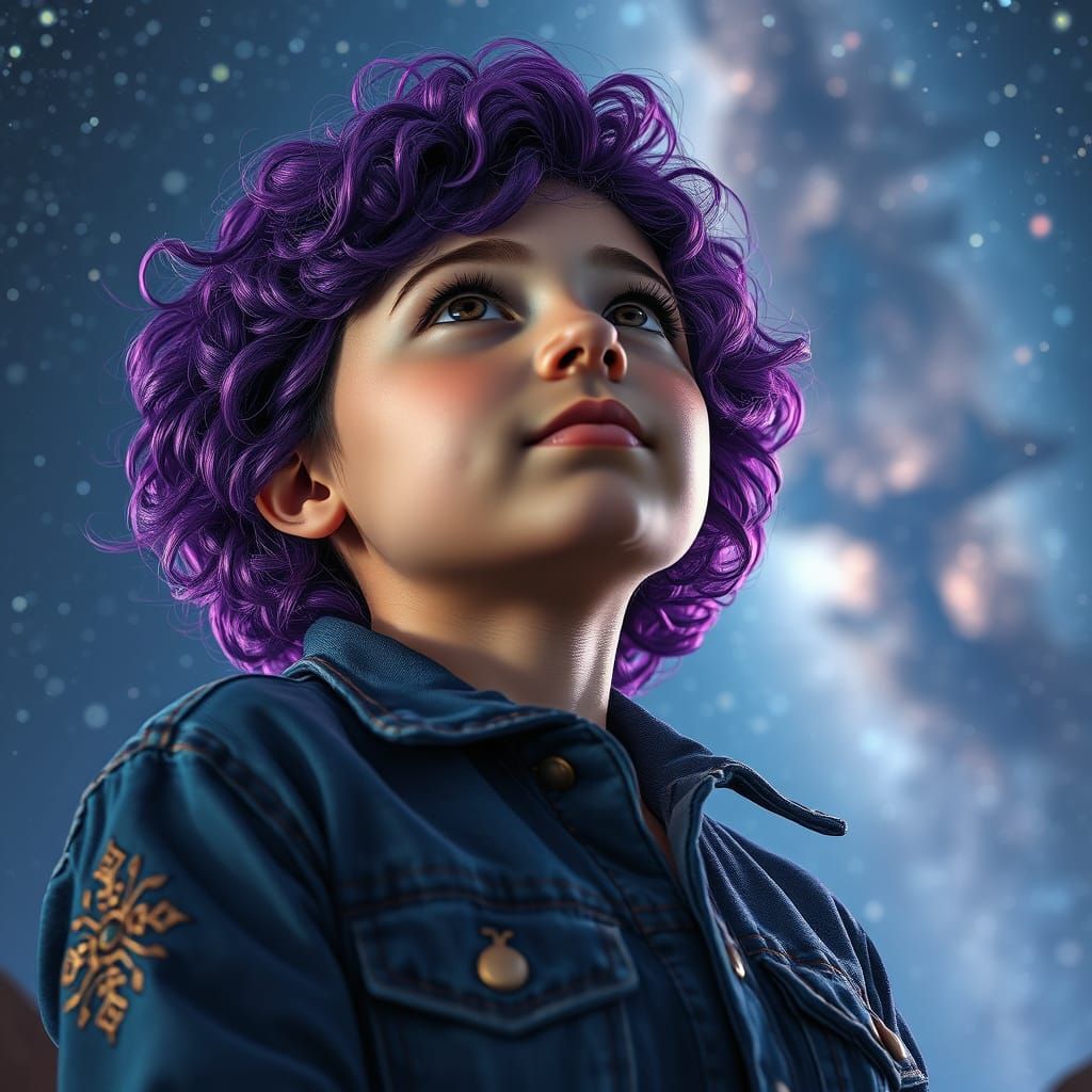 Teenage Girl Gazing Up at Star-Filled Night Sky in Vibrant A...