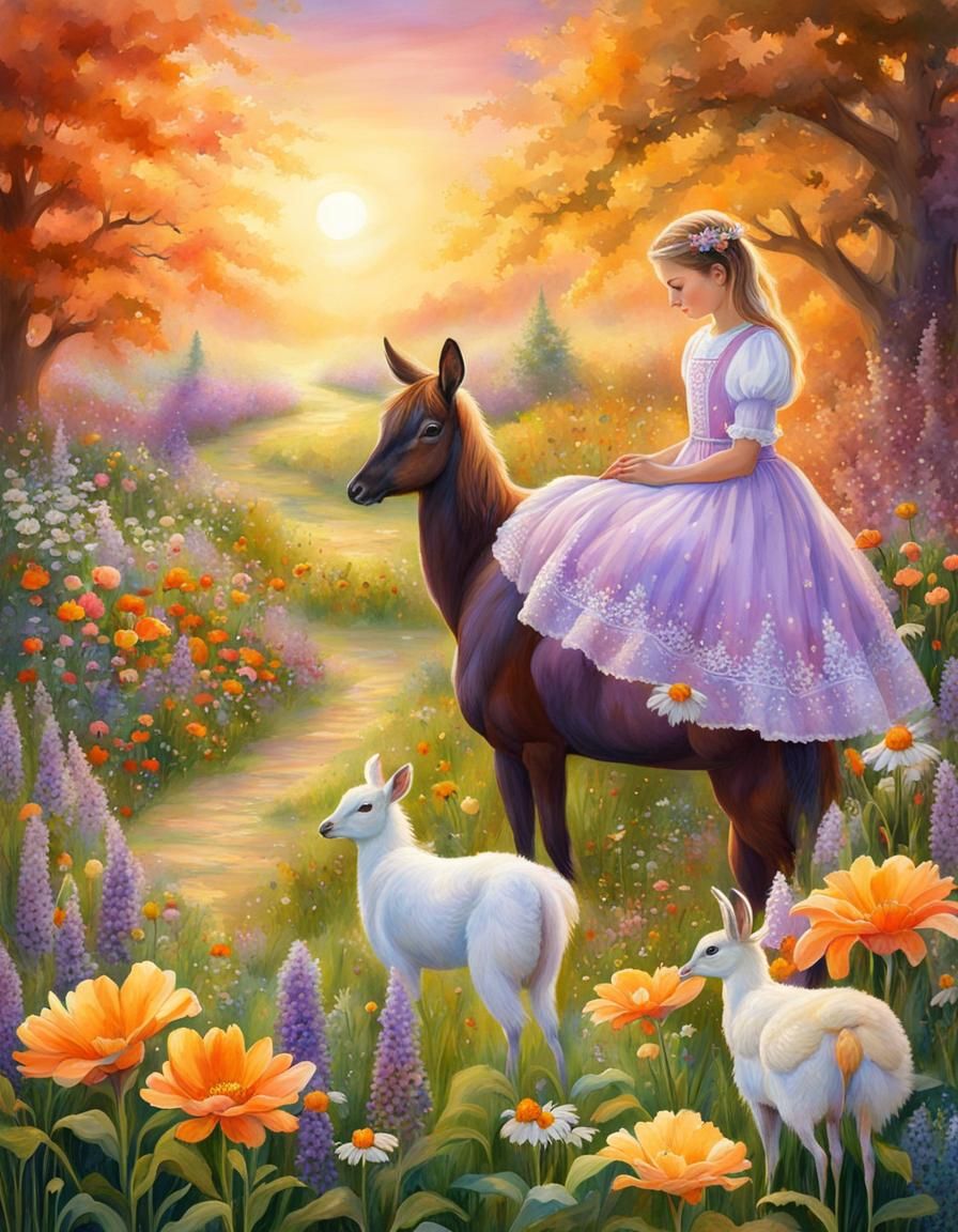 Fairytale Forest with Deer and Children in Watercolor