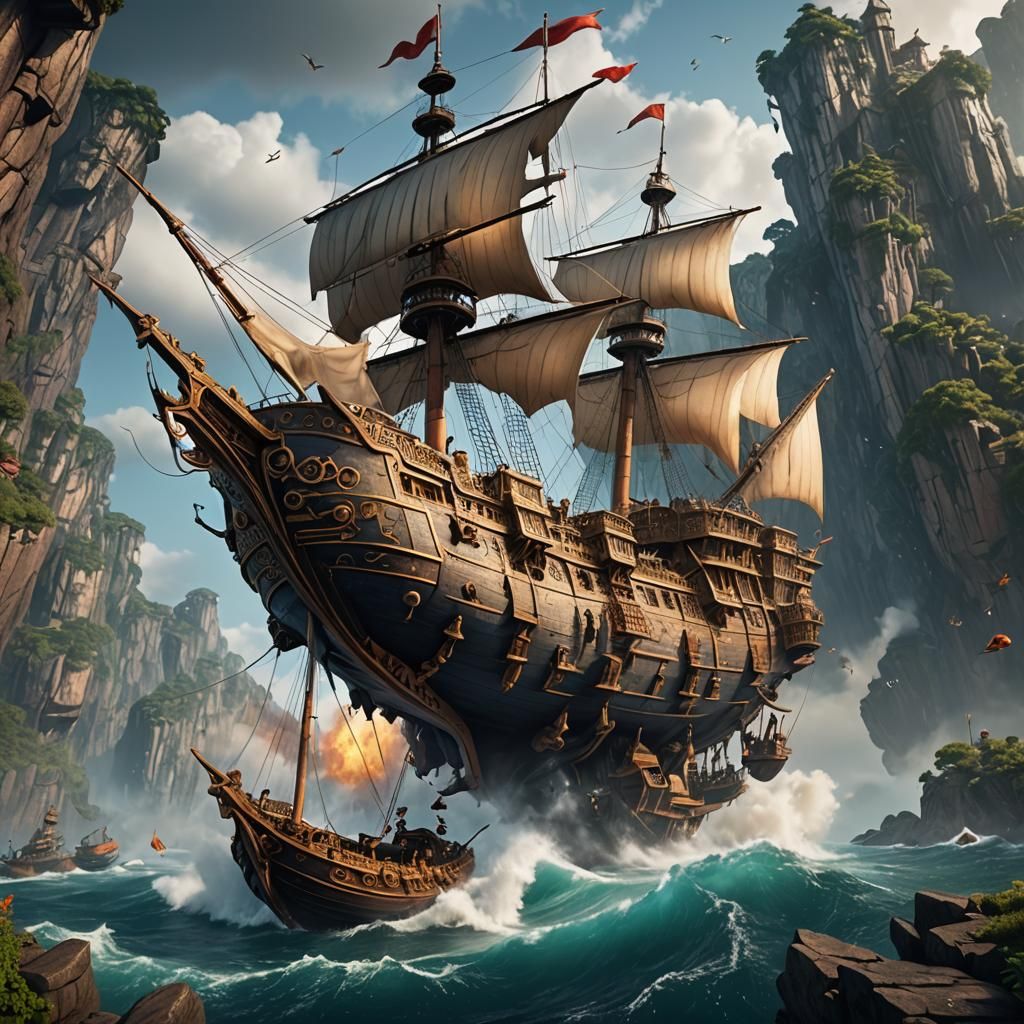 Fantastical Flying Ship in Detailed Matte Painting
