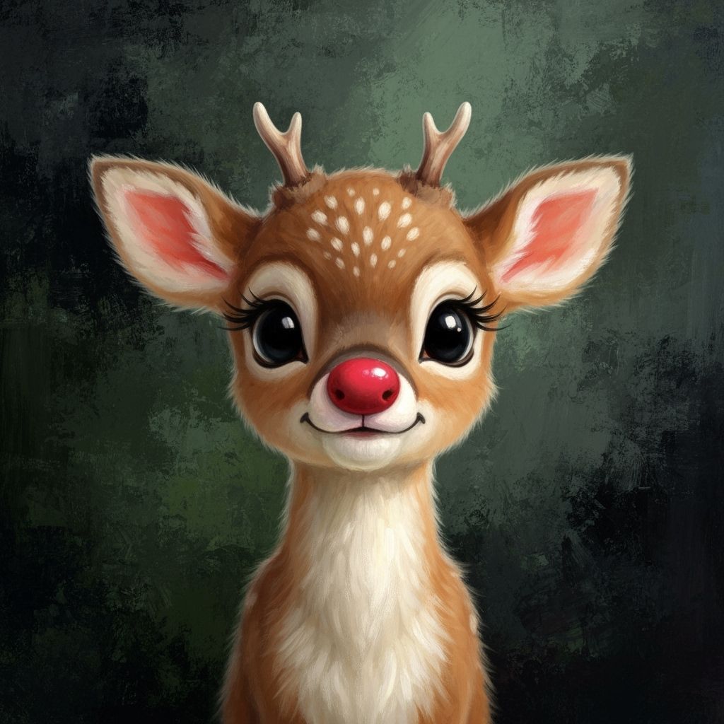 Charming Baby Reindeer Oil Painting with Glowing Red Nose