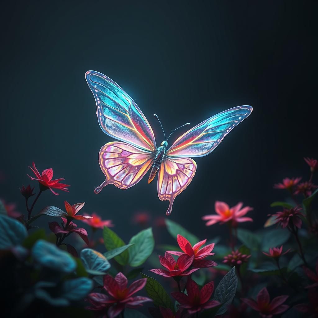Ethereal Neon Butterfly in Mystical Forest