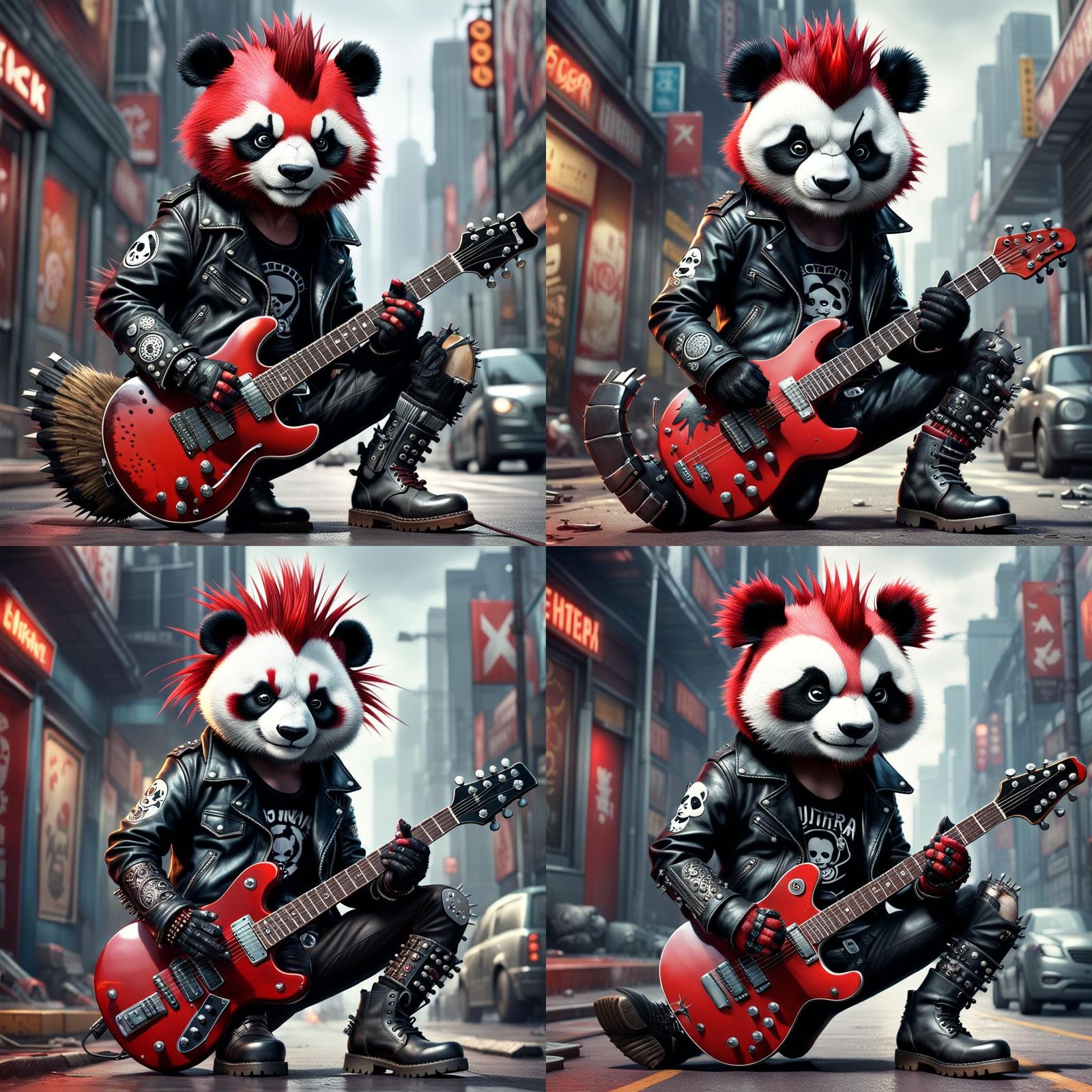 Punk Rock Panda with Guitar in Hyperrealistic Style