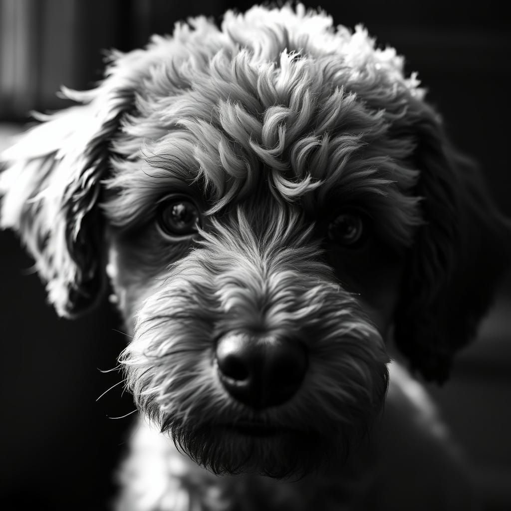A Close-Up Portrait of a Poodle's Face in Black and White