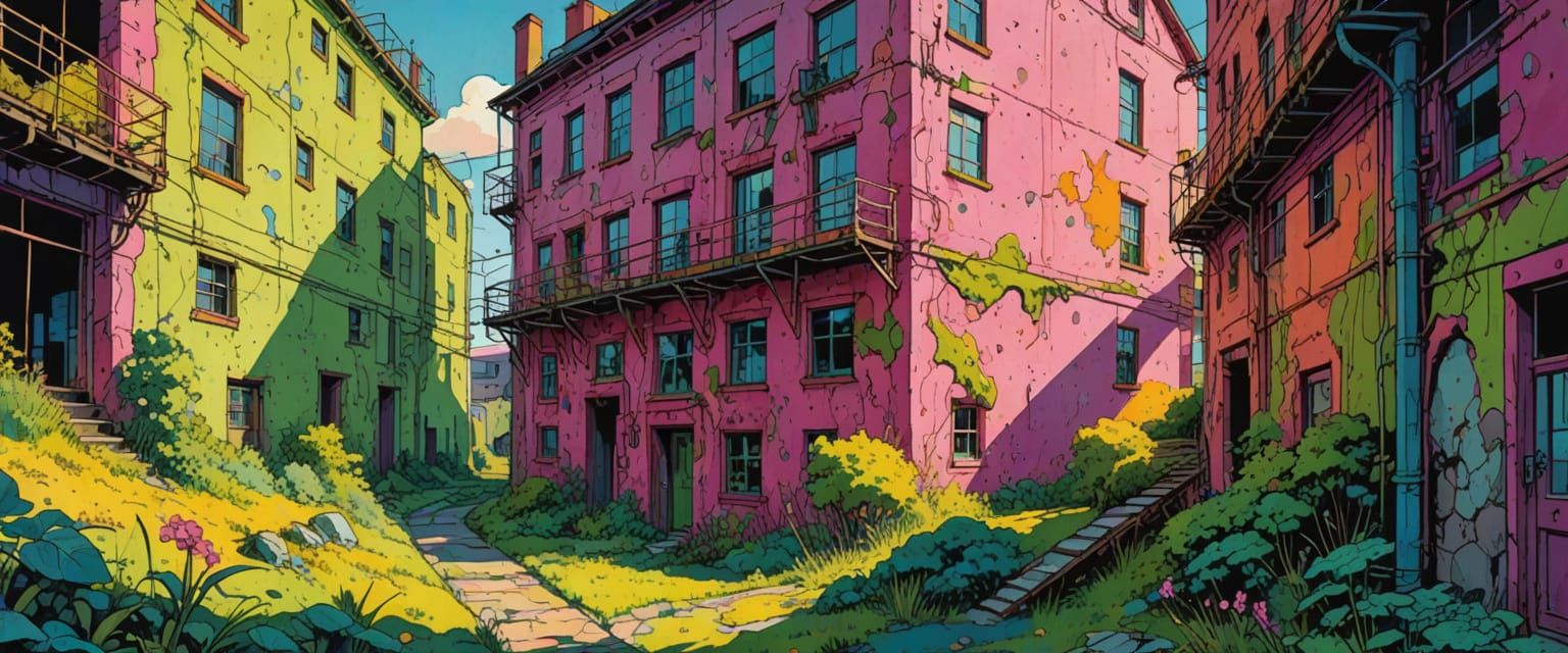 Abandoned Factory in Comic Book Style with Graffiti