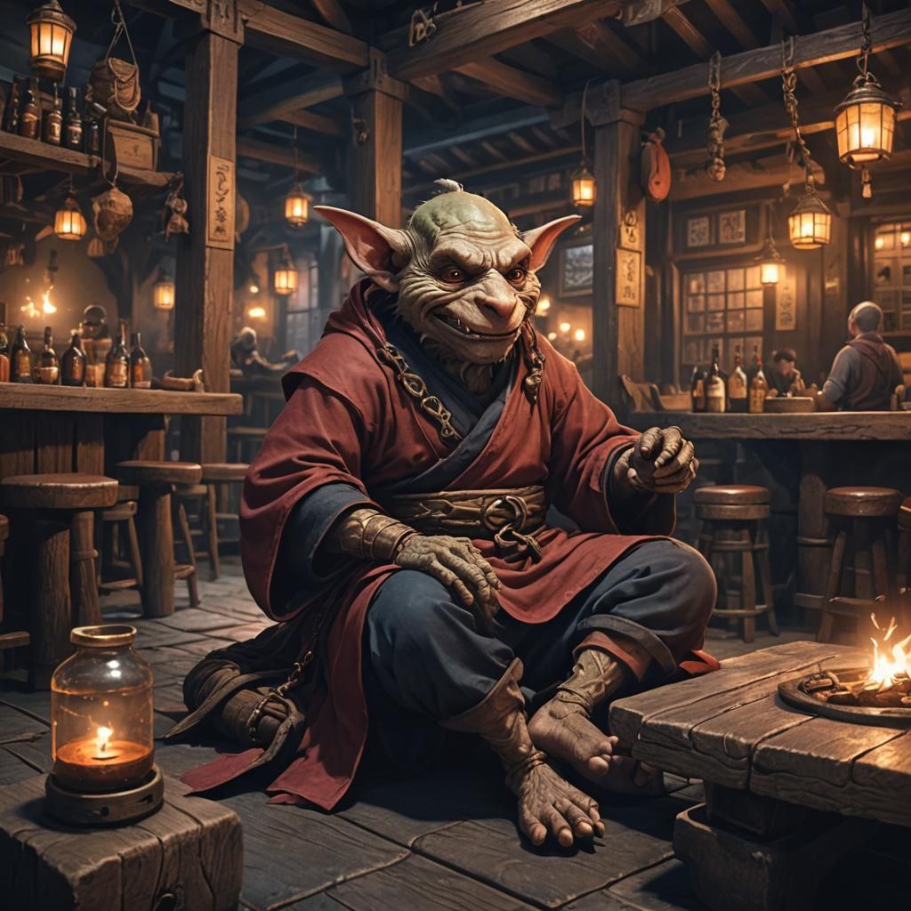 Kobold Monk Meditating in Tavern, Fantasy Concept Art
