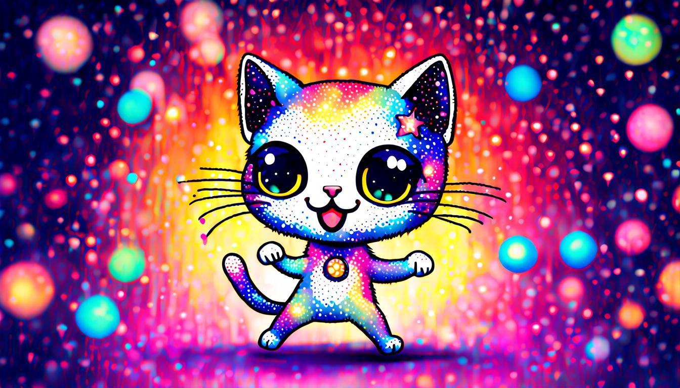 Dancing Disco Cat in Pointillism Kawaii Chibi Style