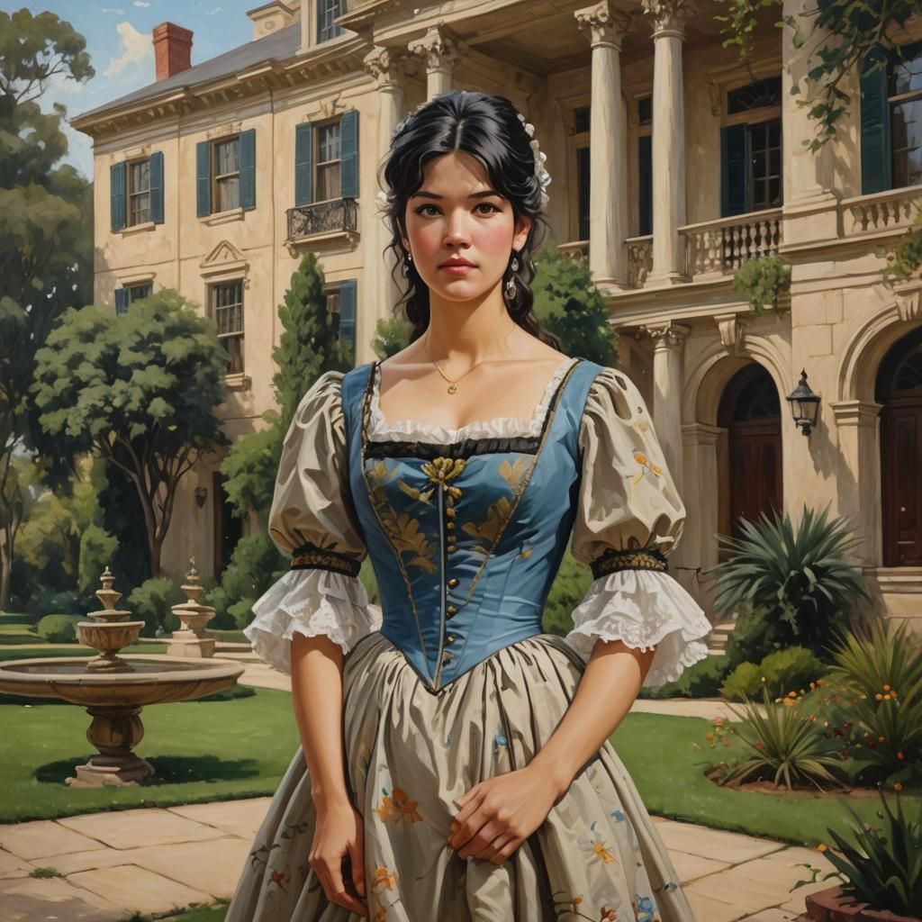 Young Woman in 1800s Dress, Oil Painting