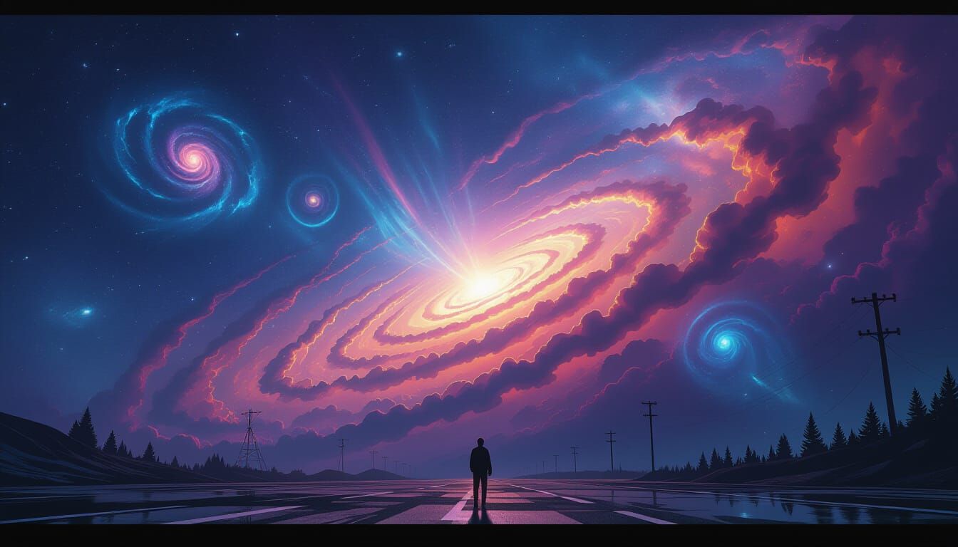 Swirling Galaxies in Atmospheric Sci-Fi Landscape