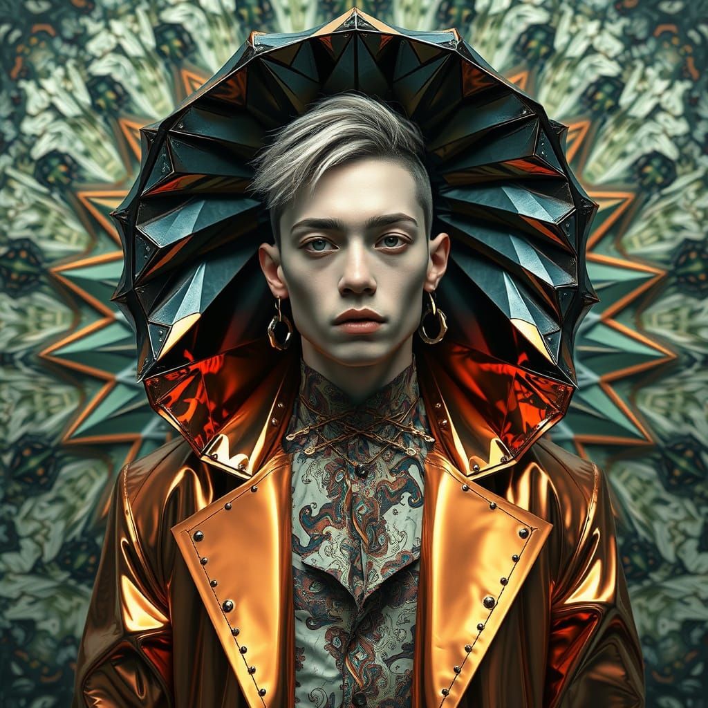 Surreal Hyperrealistic Fashion Model in Geometric Chrome Coa...