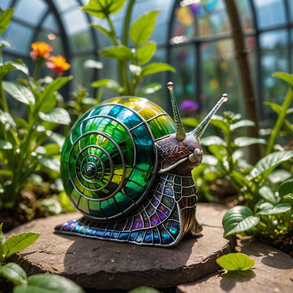 Chibi Stained Glass Snail in Greenhouse