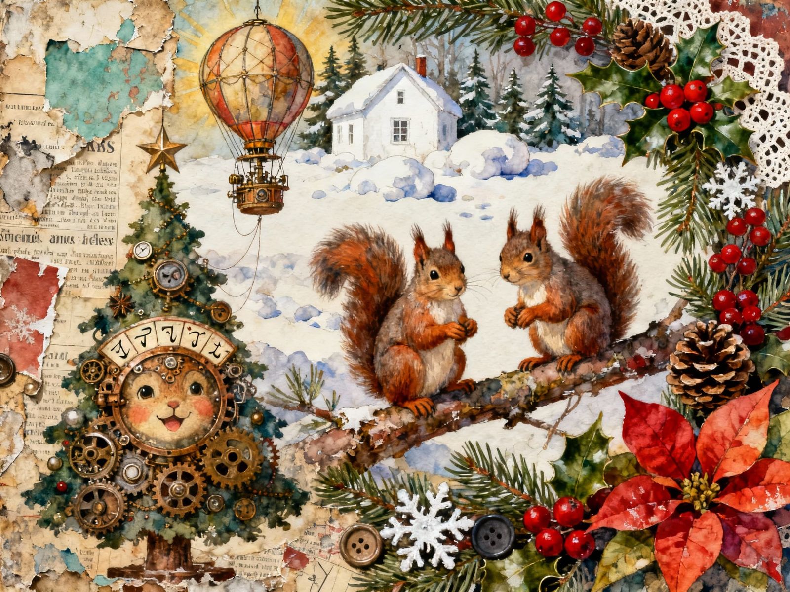 Steampunk Squirrels in Cozy Winter Watercolor Scene