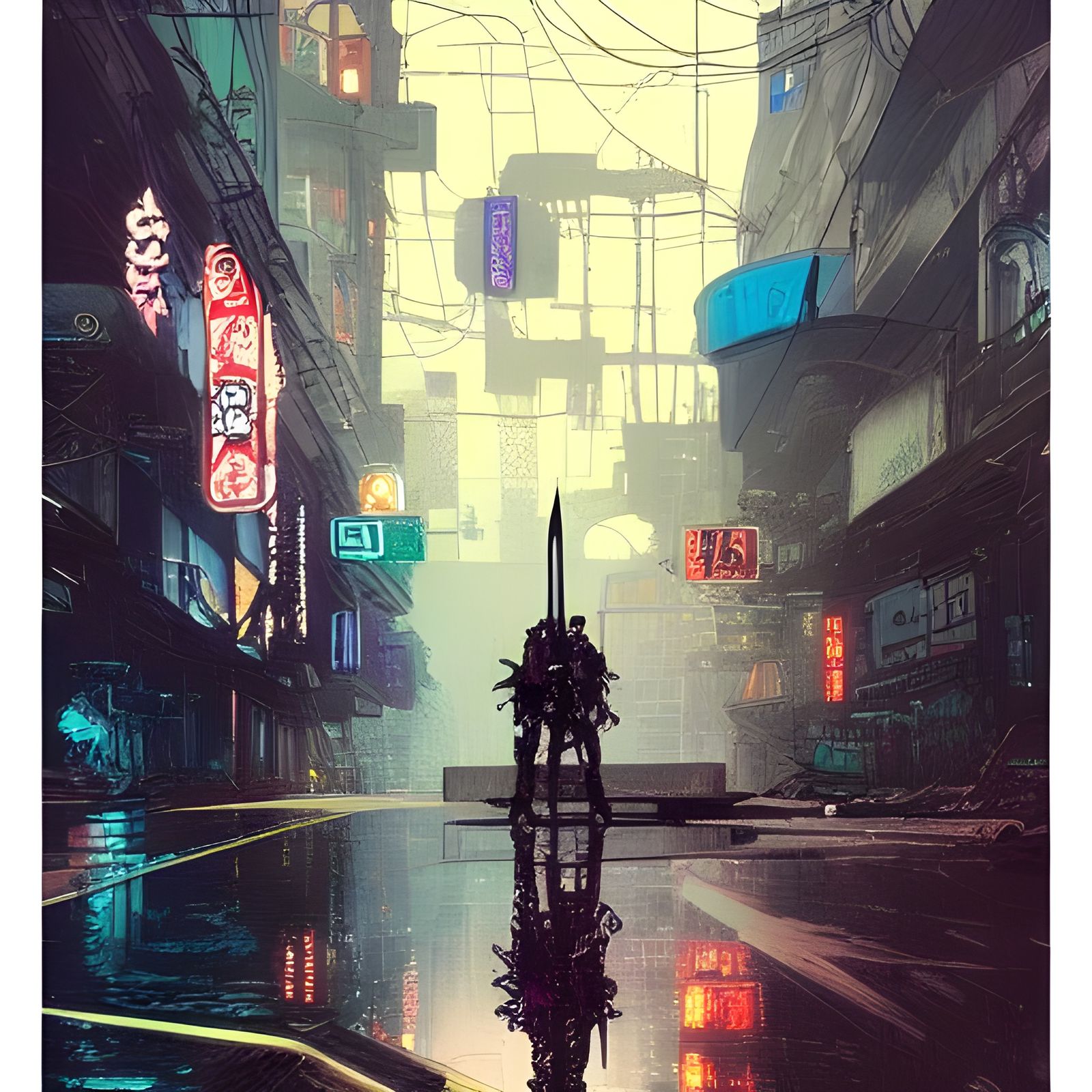 Cyberpunk Knight of Swords on Rainy City Street