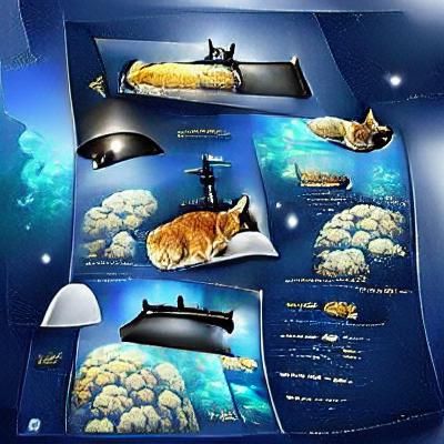 Cat Submarine on Floating Island at Night