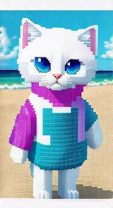 White Kitten on Beach in Vaporwave Pixel Art