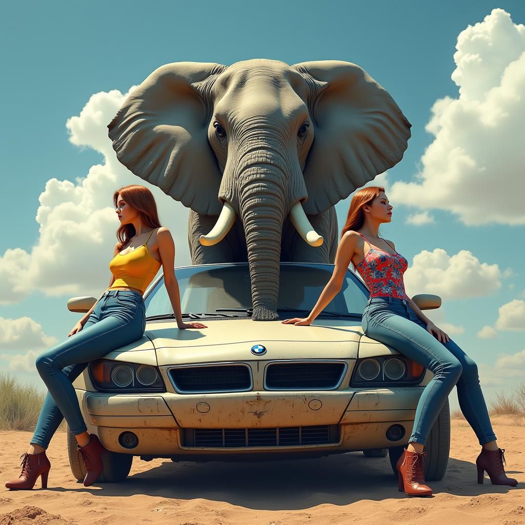 Women and Elephant Repairing Car, Dreamlike Art