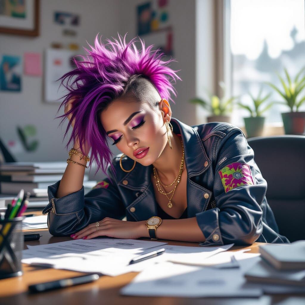 Woman with Purple Mohawk Sleeping, Hyper-Realistic Art