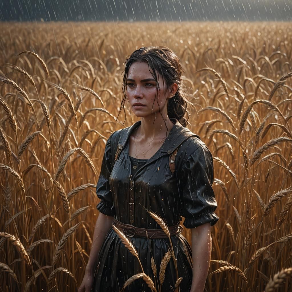 Wheat Field Girl in Stormy Fantasy Landscape